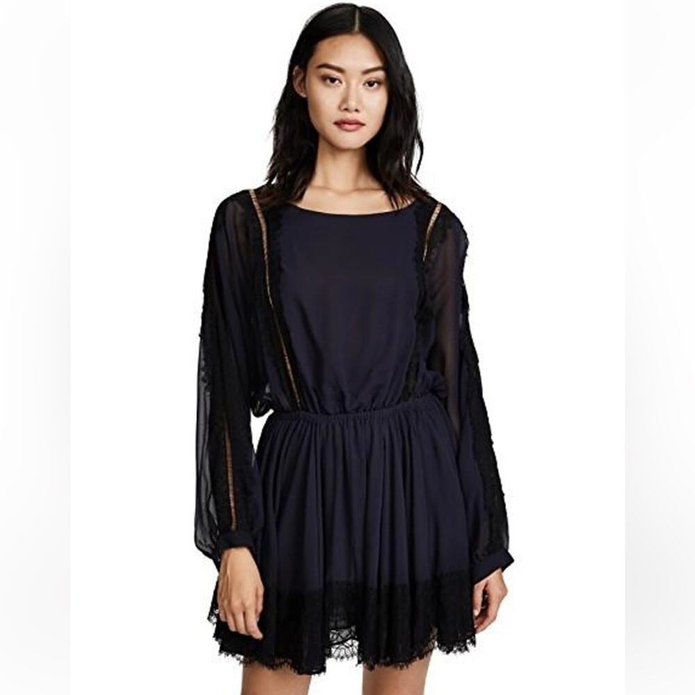 LoveShackFancy 100% Silk Noelle Mini Dress Lace Trim Blue & Black XS